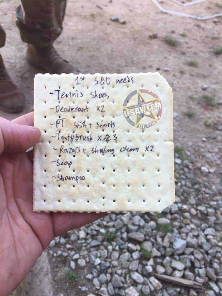 MRE cracker with notes written on it.