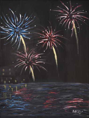 Fireworks over the water painting